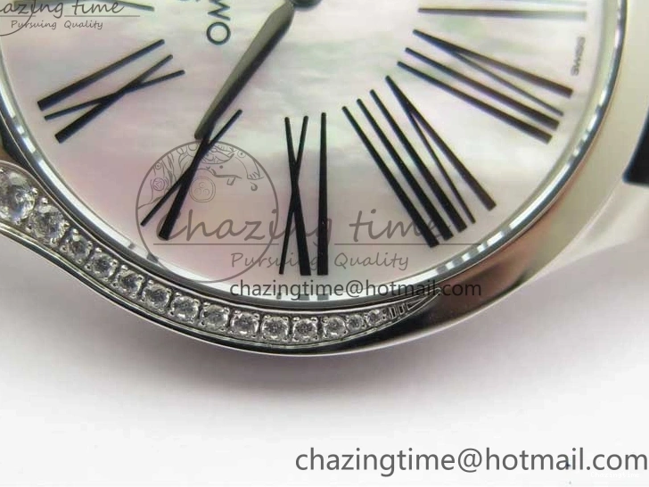 0406 ZeroBulk Ladies’ De Ville Trésor Diamond SS 3AF 1:1 Best Edition White Dial Black Markers On Black fabric strap Swiss Quartz 7880